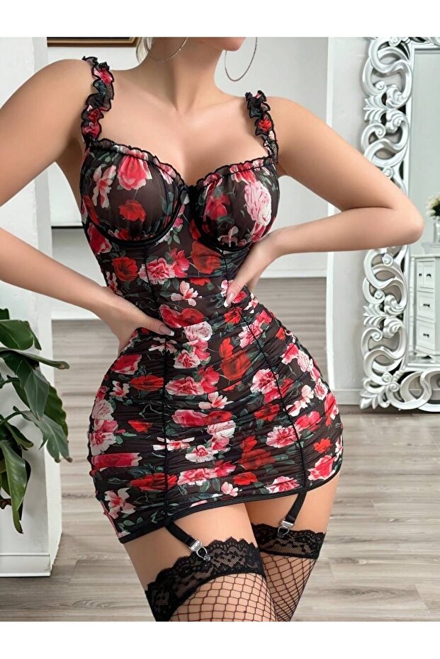 Floral Muse - Gül Desenli Mini Gecelik Takımı