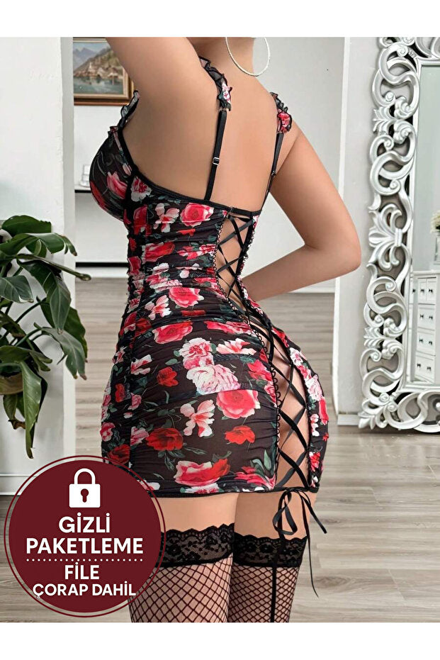 Floral Muse - Gül Desenli Mini Gecelik Takımı