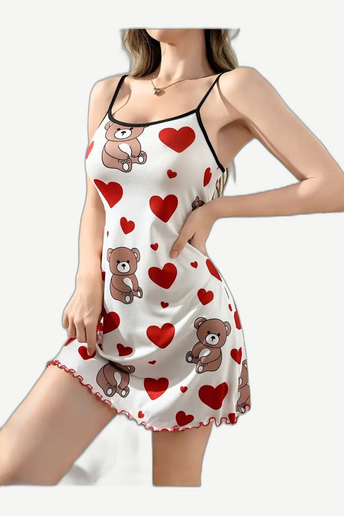 Secret Wear | Sweet Teddy Yumuşak Dokulu Ayıcık & Kalp Baskılı Gecelik