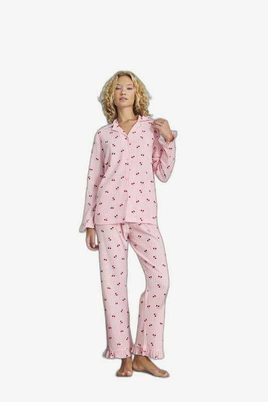 Secret Wear | Cherry Gingham Fırfır Detaylı & Bürümcük Dokulu Pijama Takımı