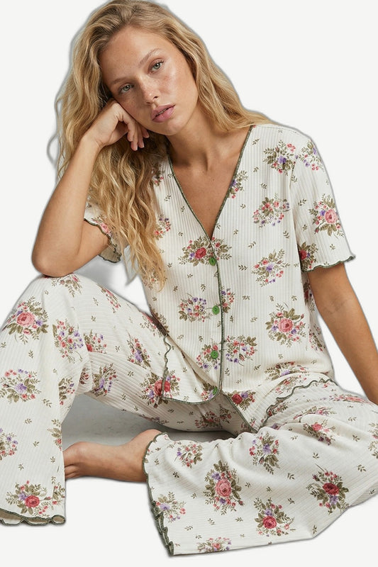 Secret Wear | Pink Blossom Fitilli Pamuklu & Yumuşak Tuşeli Pijama Takımı