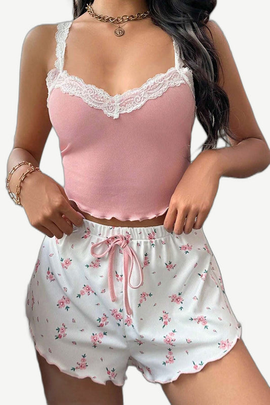 Secret Wear | Flora Lace Çiçek Desenli & Fransız Dantel Detaylı Şortlu Takım