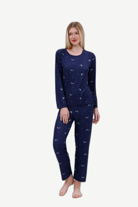 Secret Wear | Midnight Dream Lacivert Ay ve Yıldız Baskılı Örme Pijama Takımı