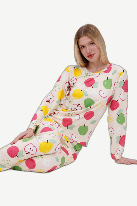 Secret Wear | Crispy Apple Relaxed-Fit Renkli Elma Baskılı Örme Pijama Takımı