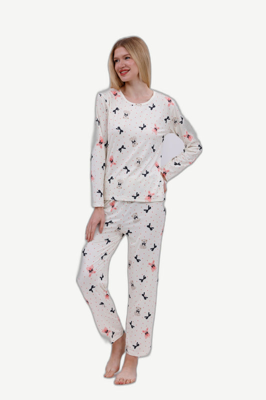 Secret Wear | Soft-Teddy Ribanalı Dokulu Ayı Figürlü Örme Pijama Takımı